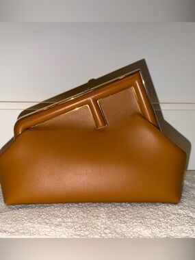Fendi First Structured Tan Leather Clutch Bag with strap attachment